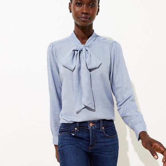 LOFT Tie-neck Chambray Blouse - Picture 1 of 4